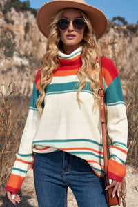 Woven Right Striped Turtleneck Drop Shoulder Sweater - Pahabu - Women's Clothing & Shop
