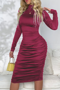 Ruched Mock Neck Long Sleeve Dress - Pahabu - Women's Clothing & Shop