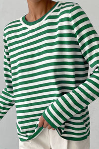 Striped Round Neck Long Sleeve Sweater - Pahabu - Women's Clothing & Shop