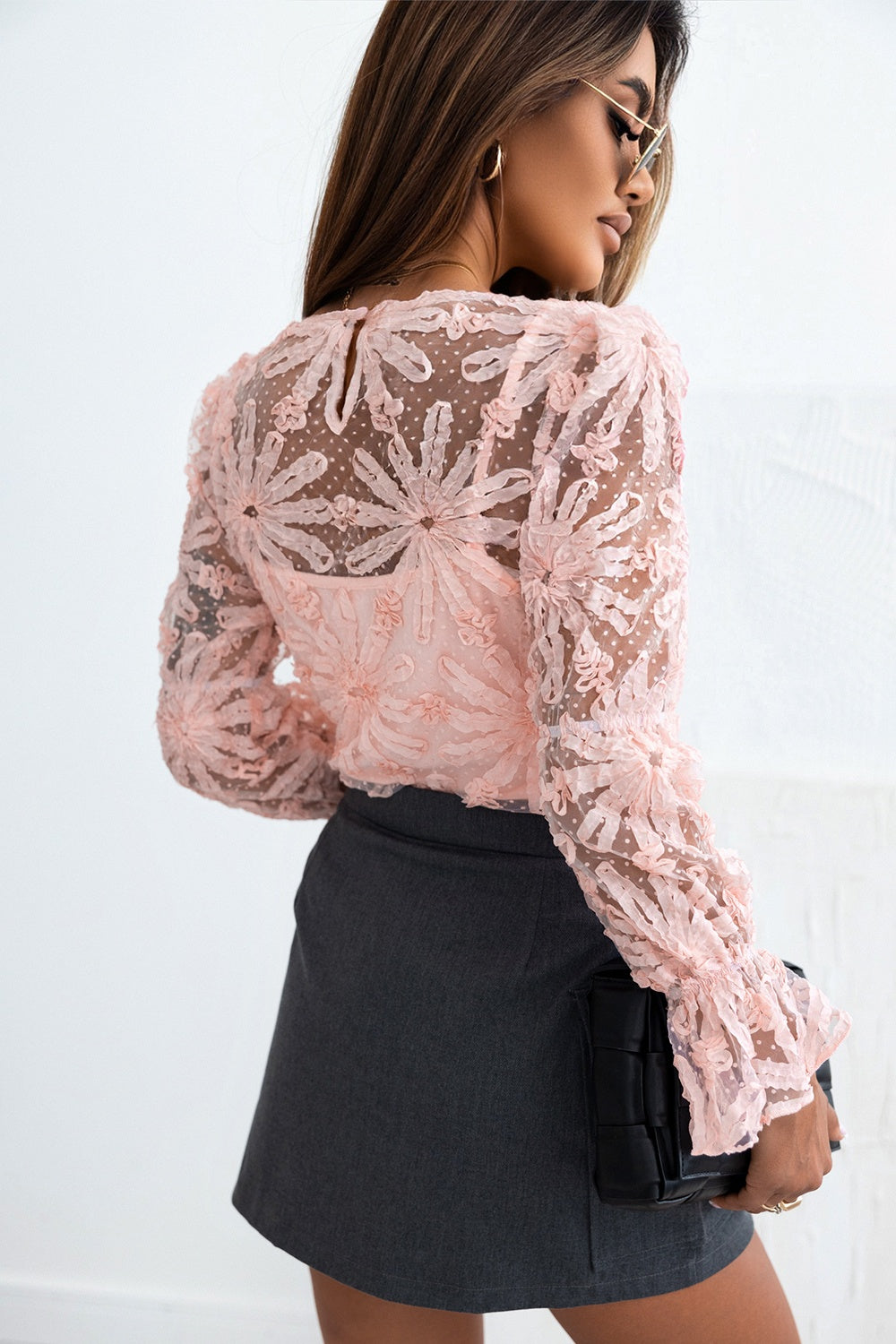 Flower Dotted Ruffled Sleeve Mesh Top - Pahabu - Women's Clothing & Shop