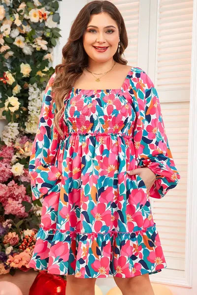 Plus Size Smocked Floral Square Neck Balloon Sleeve Dress - Pahabu - Women's Clothing & Shop
