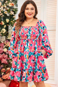 Plus Size Smocked Floral Square Neck Balloon Sleeve Dress - Pahabu - Women's Clothing & Shop