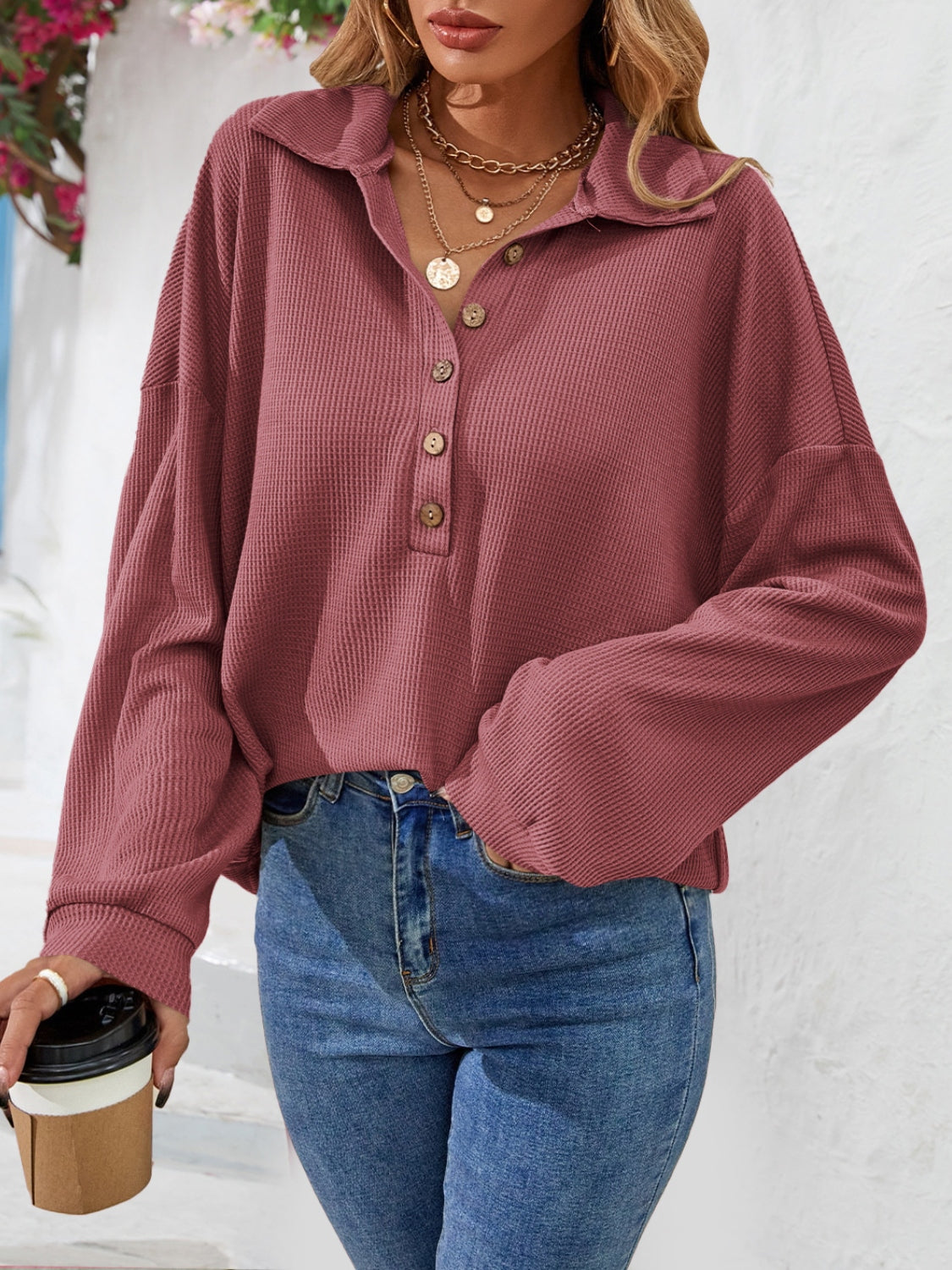 Half Button Collared Neck Long Sleeve Top - Pahabu - Women's Clothing & Shop