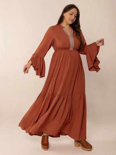 Plus Size Ruffled Notched Long Sleeve Midi Dress - Pahabu - Women's Clothing & Shop