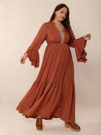 Plus Size Ruffled Notched Long Sleeve Midi Dress - Pahabu - Women's Clothing & Shop