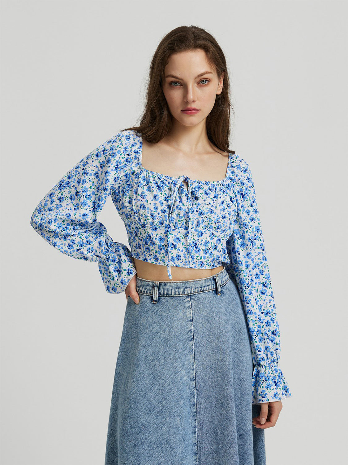 Honey Floral Tie Front Square Neck Flounce Sleeve Blouse - Pahabu - Women's Clothing & Shop