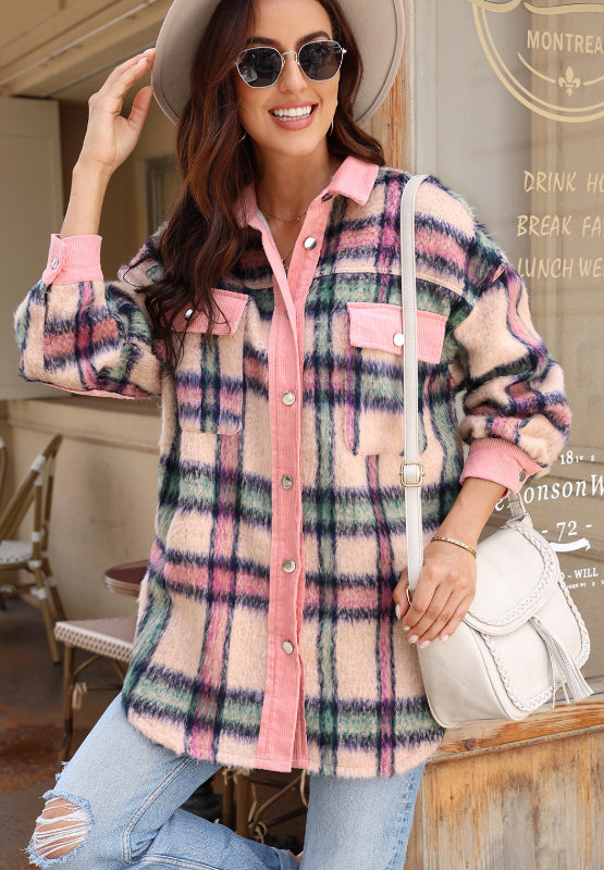 Fuzzy Plaid Corduroy Patchwork Shacket - Pahabu - Women's Clothing & Shop