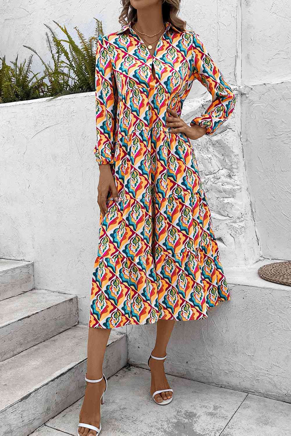 Printed Collared Neck Long Sleeve Dress - Pahabu - Women's Clothing & Shop