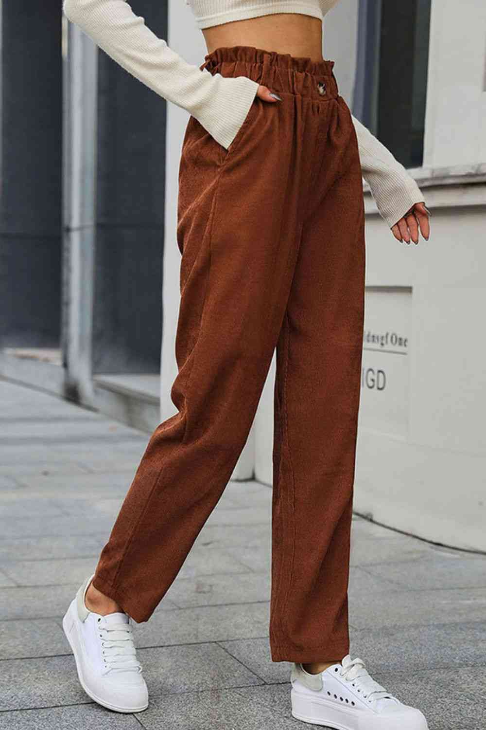 Perfee Paperbag Waist Straight Leg Pants with Pockets - Pahabu - Women's Clothing & Shop