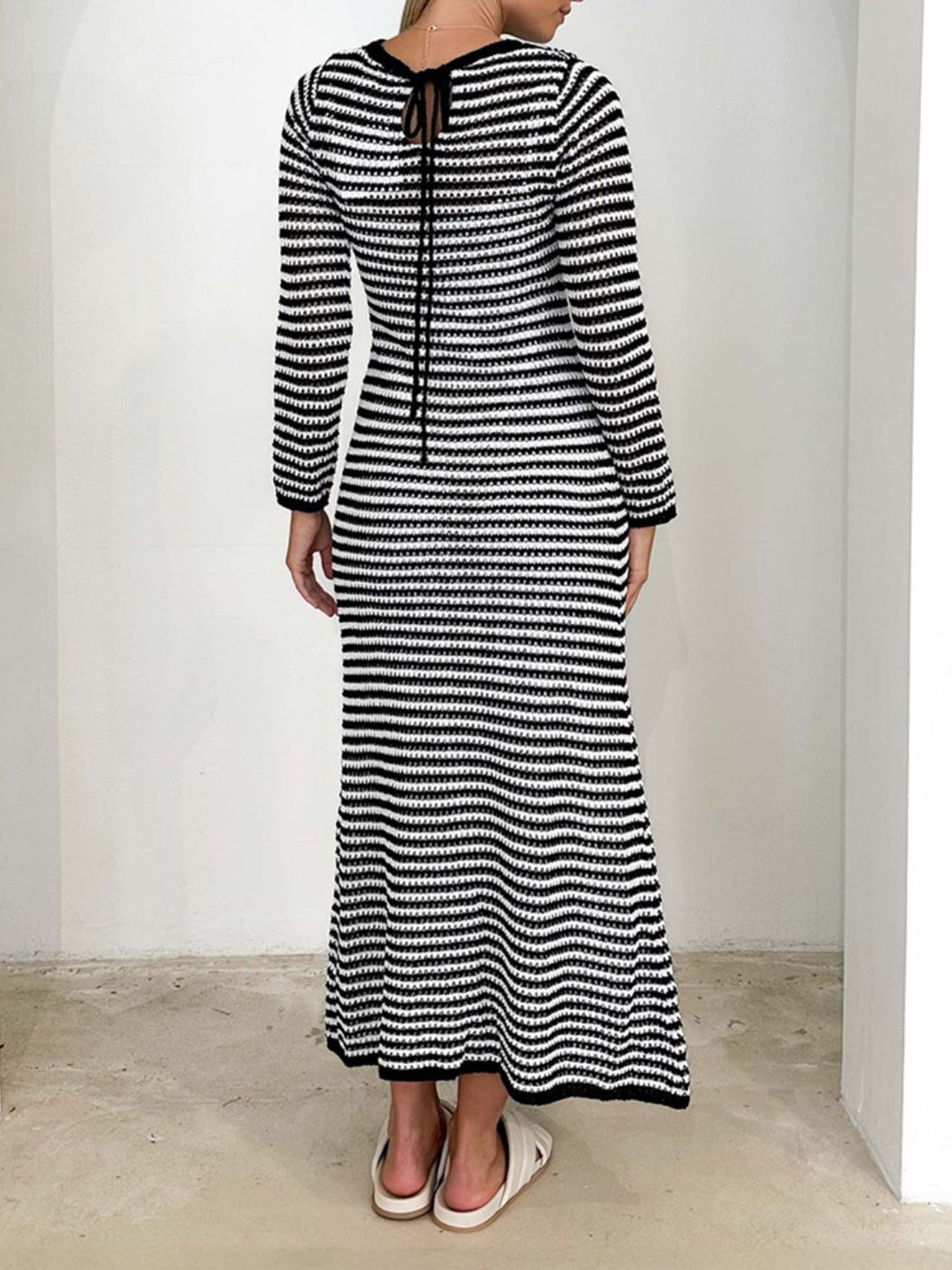 Devine Tied Round Neck Striped Sweater Dress - Pahabu - Women's Clothing & Shop