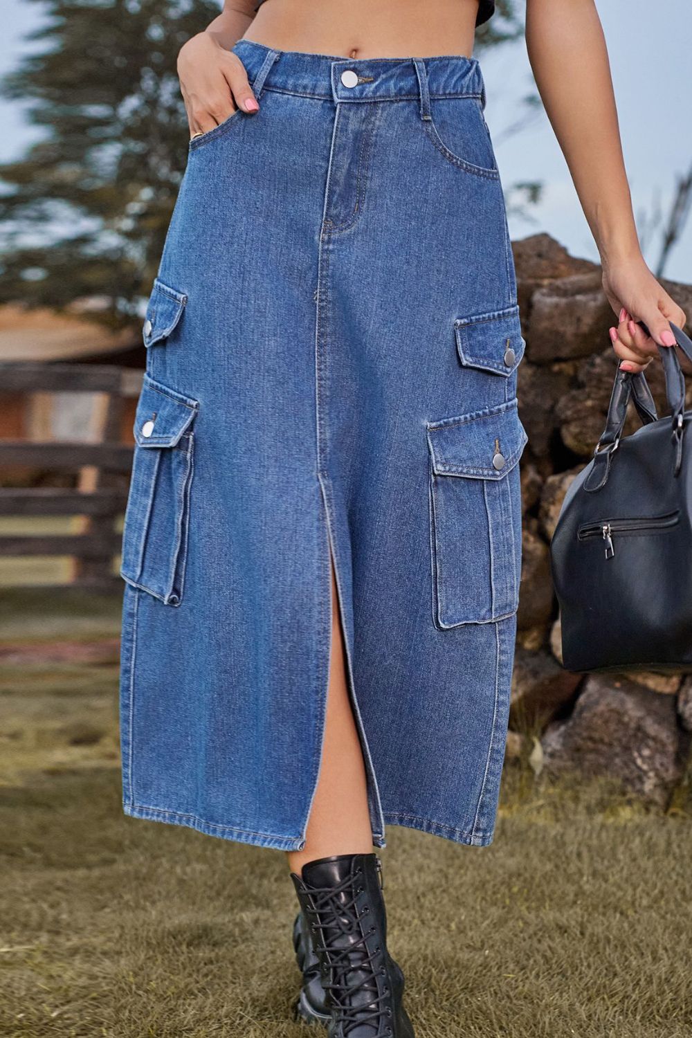 Slit Front Midi Denim Skirt with Pockets - Pahabu - Women's Clothing & Shop