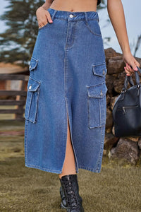 Slit Front Midi Denim Skirt with Pockets - Pahabu - Women's Clothing & Shop