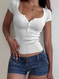 Half Button Scoop Neck Short Sleeve Knit Top - Pahabu - Women's Clothing & Shop