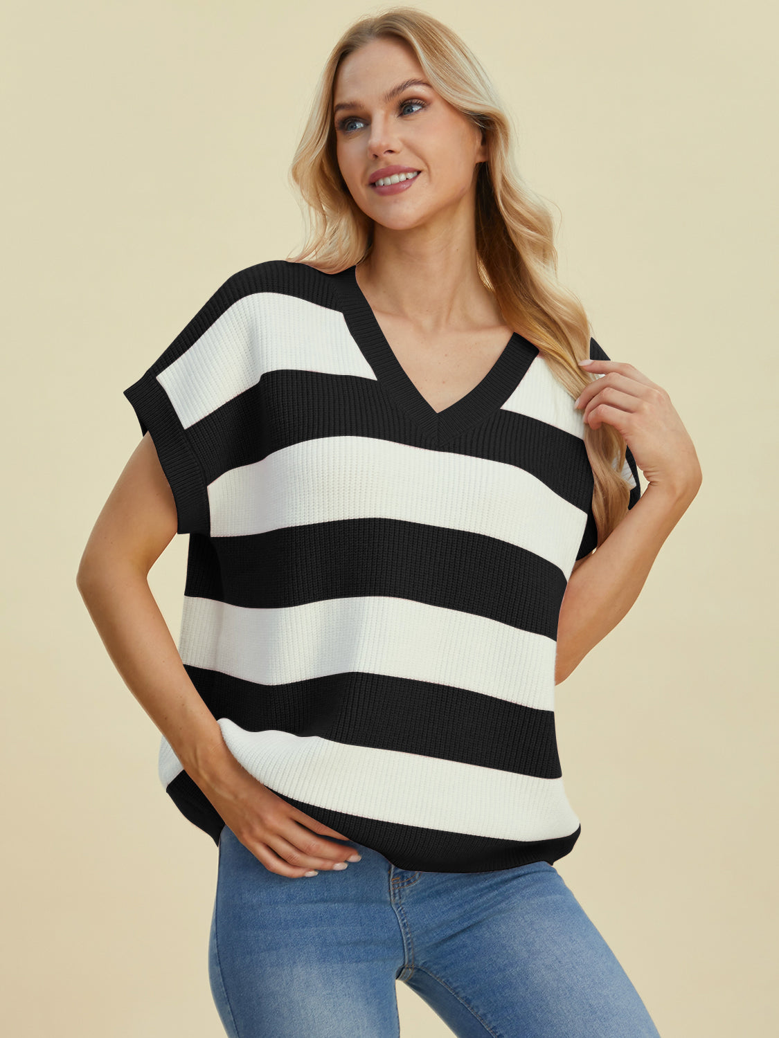 Double Take Full Size Striped V-Neck Short Sleeve Sweater - Pahabu - Women's Clothing & Shop
