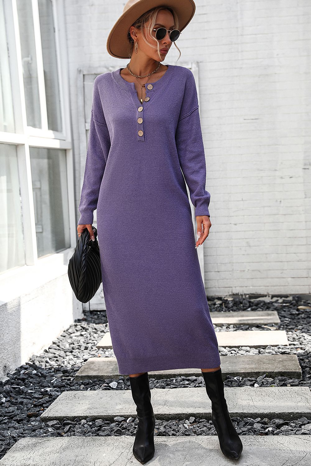Notched Neck Dropped Shoulder Button-Down Midi Dress - Pahabu - Women's Clothing & Shop