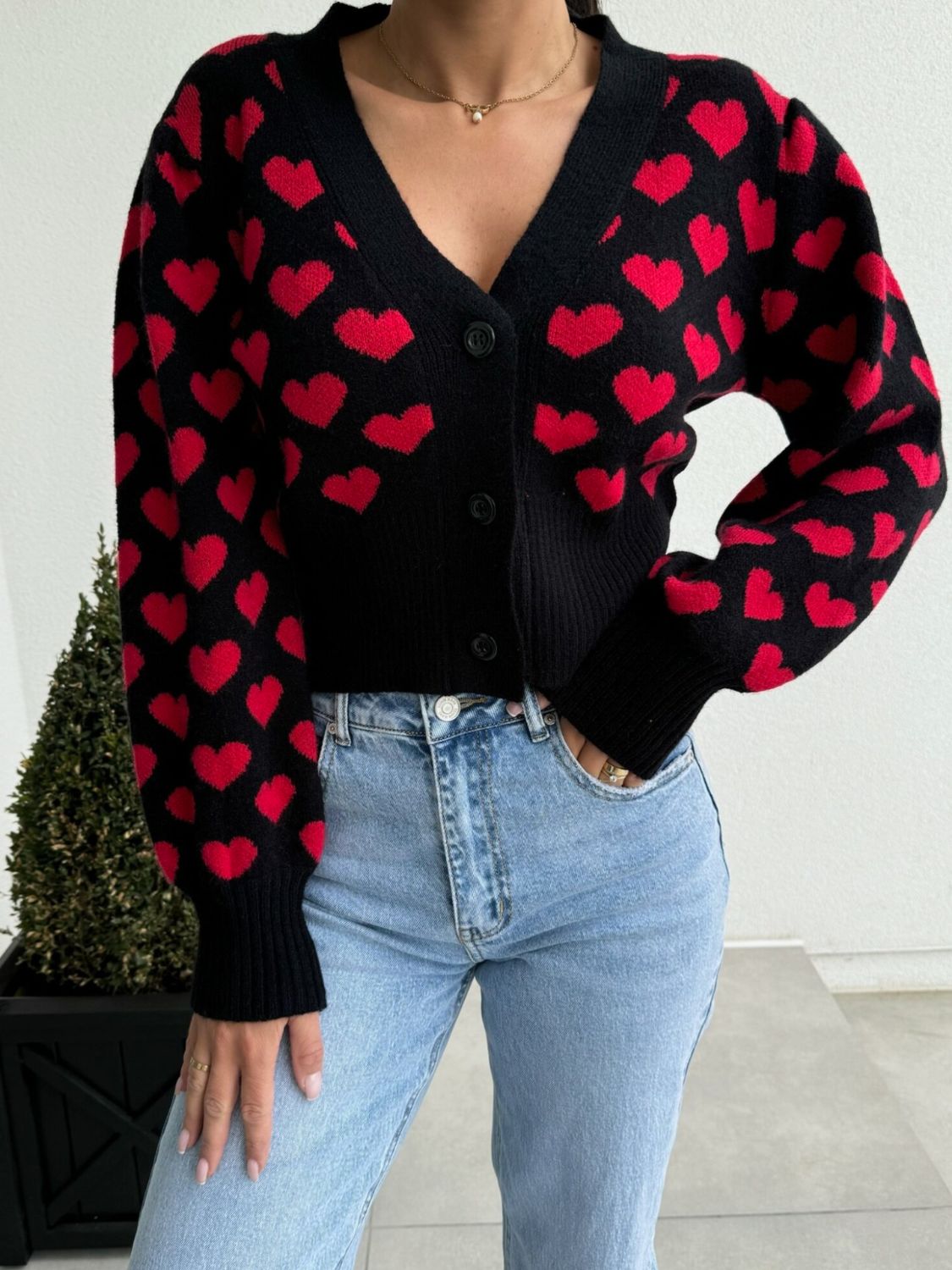 Valentine’s Day Heart V-Neck Cropped Cardigan - Pahabu - Women's Clothing & Shop