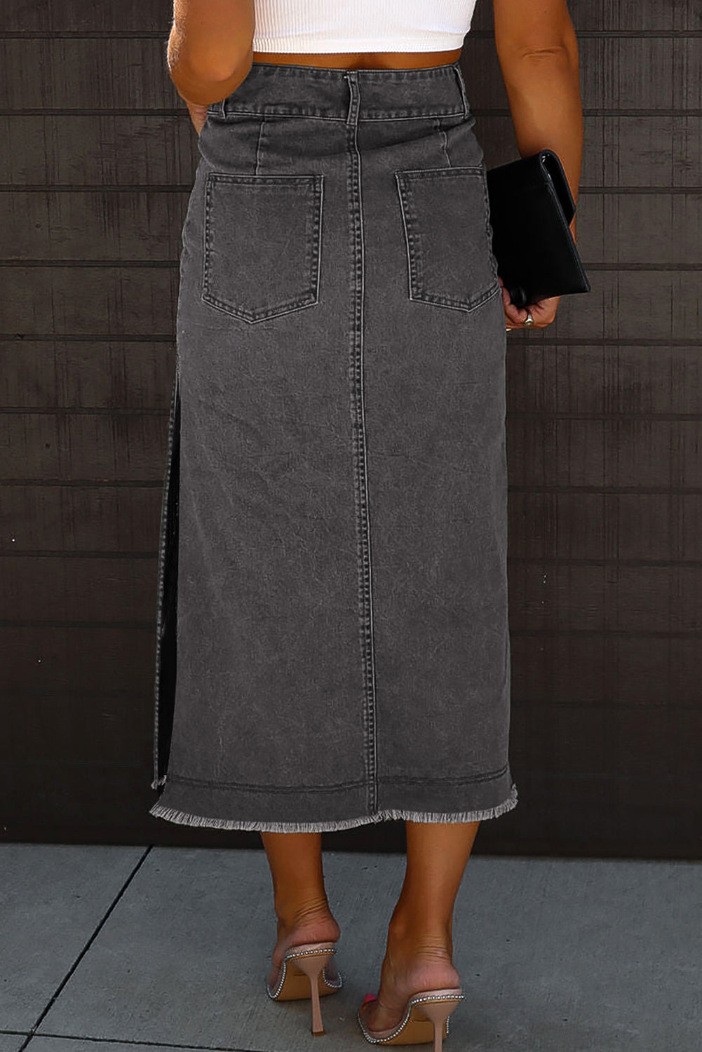 Raw Hem Slit Pocketed Midi Denim Skirt - Pahabu - Women's Clothing & Shop