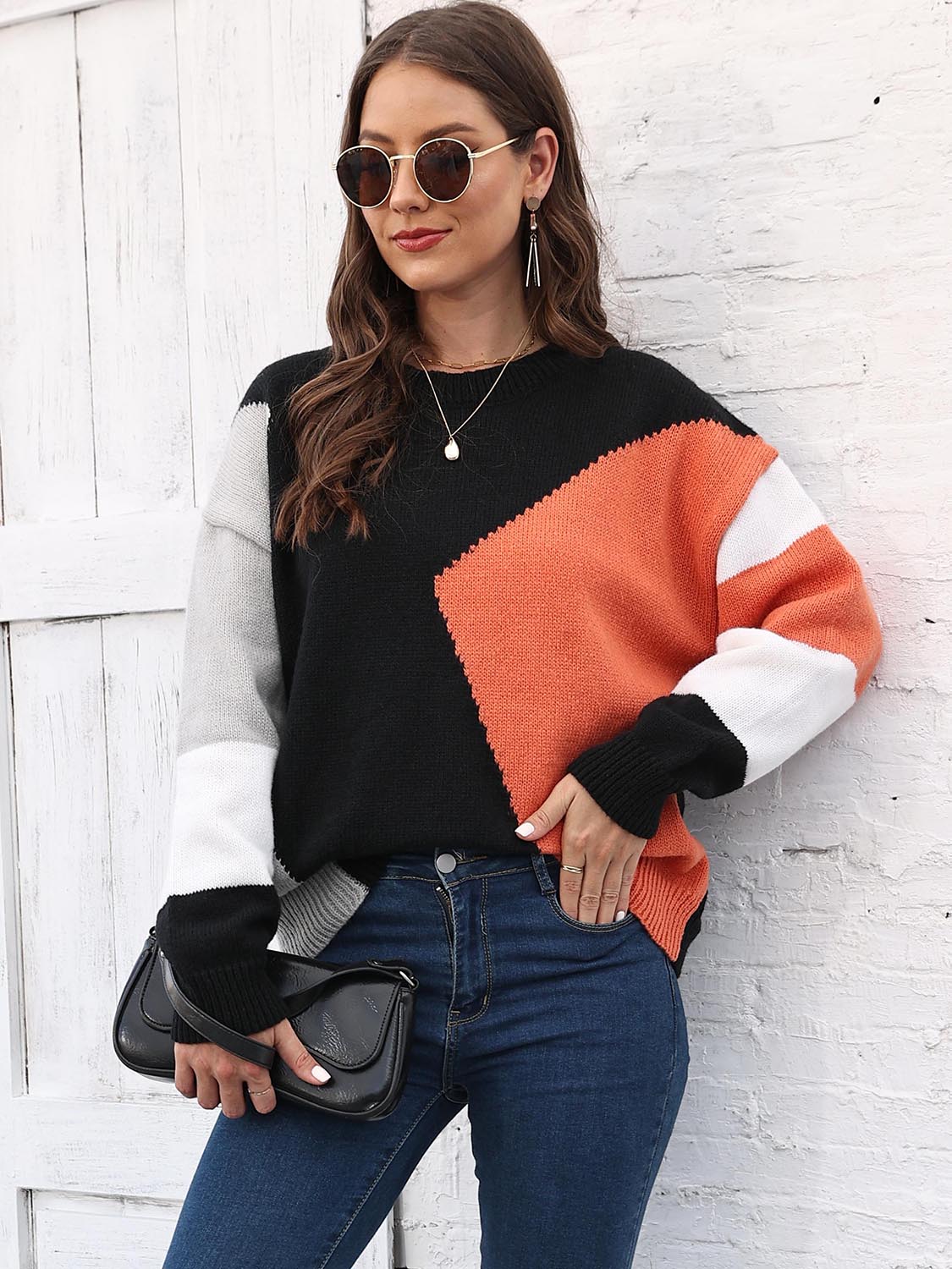 Color Block Round Neck Sweater - Pahabu - Women's Clothing & Shop