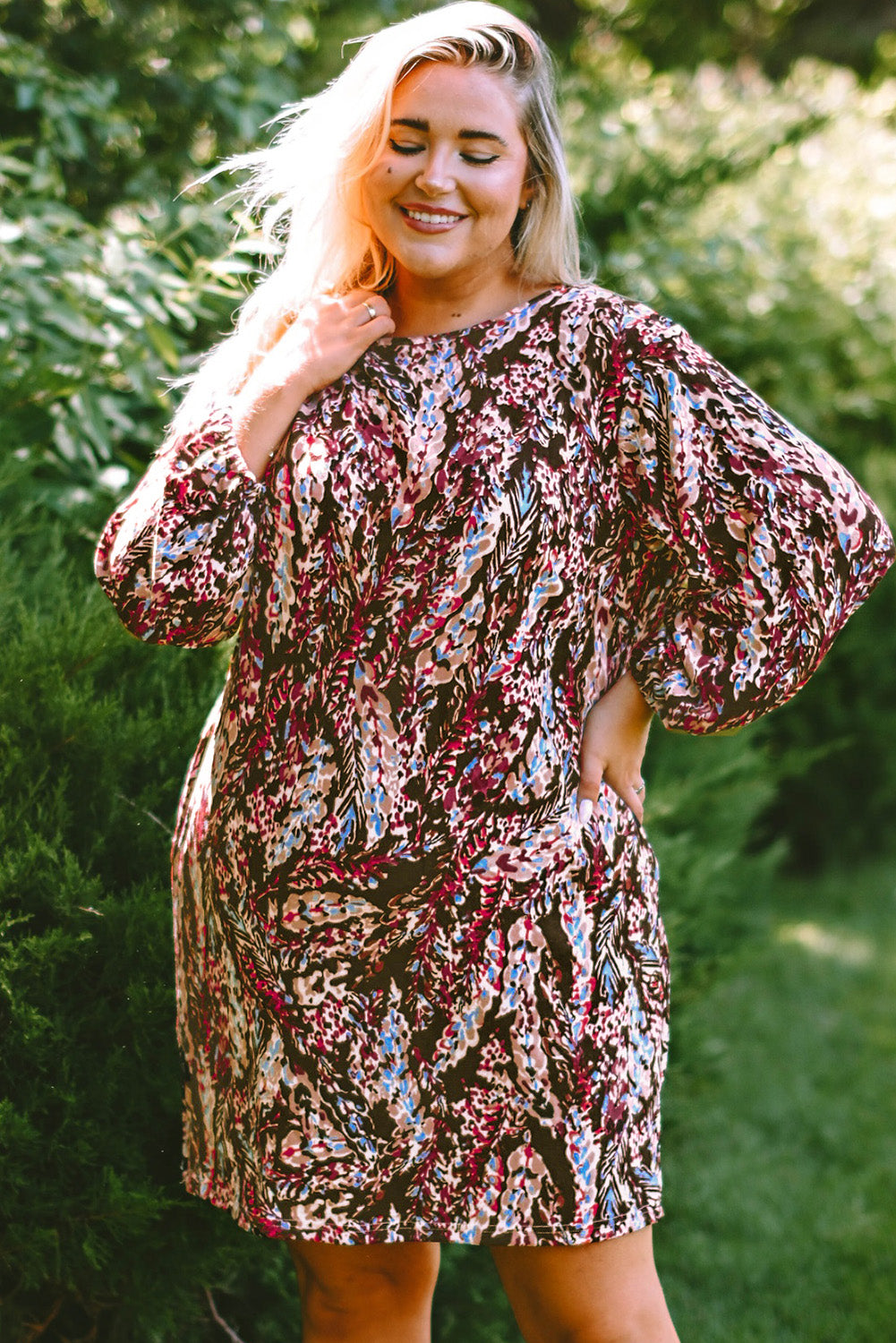 Plus Size Printed Round Neck Long Sleeve Mini Dress - Pahabu - Women's Clothing & Shop