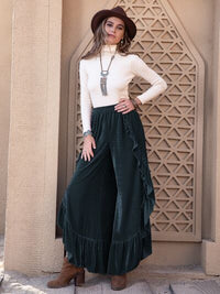 Ruffle Trim Wide Leg Slit Pants - Pahabu - Women's Clothing & Shop