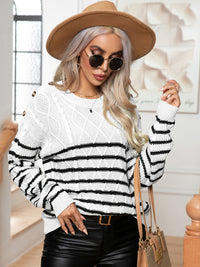 Striped Round Neck Cable-Knit Sweater - Pahabu - Women's Clothing & Shop