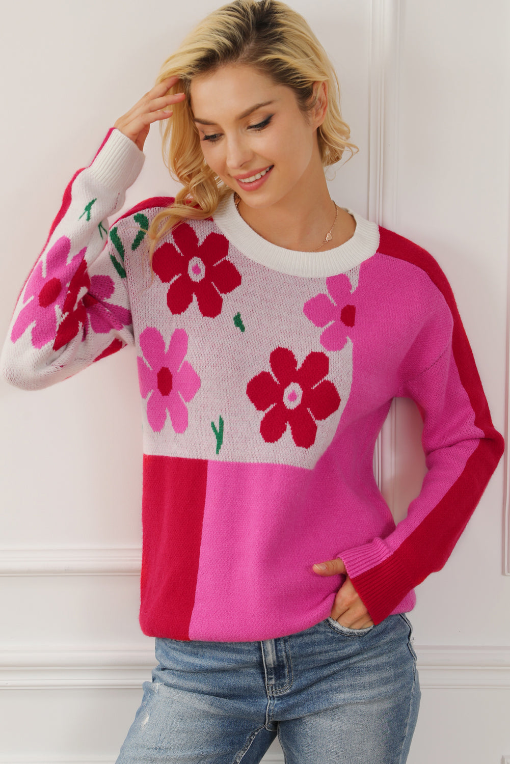 Floral Round Neck Dropped Shoulder Sweater - Pahabu - Women's Clothing & Shop