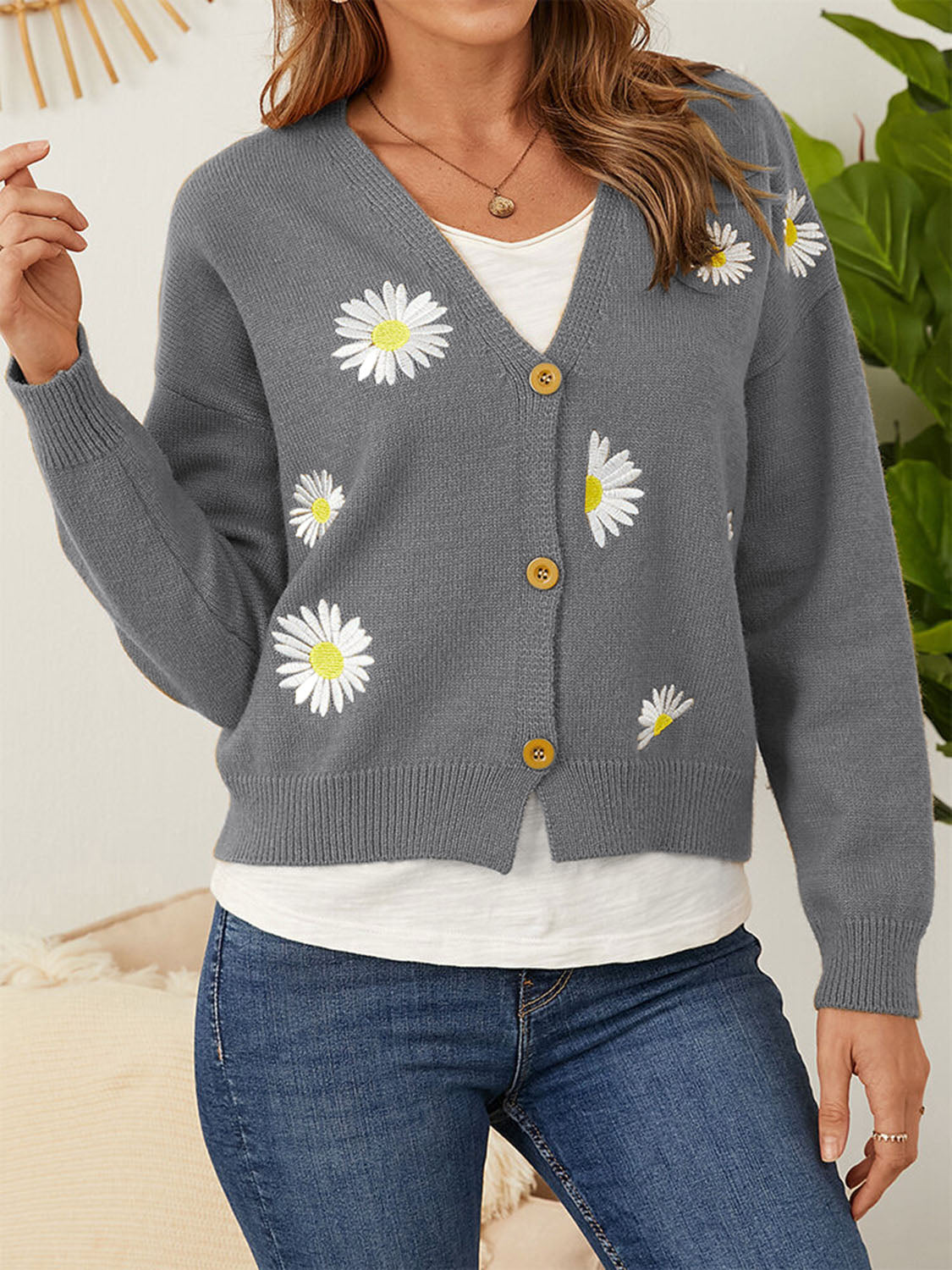 Flower Button Front Dropped Shoulder Cardigan - Pahabu - Women's Clothing & Shop