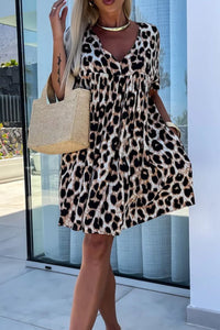 Cutout Back Leopard V-Neck Short Sleeve Mini Dress - Pahabu - Women's Clothing & Shop