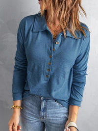 Collared Neck Half Button Top - Pahabu - Women's Clothing & Shop