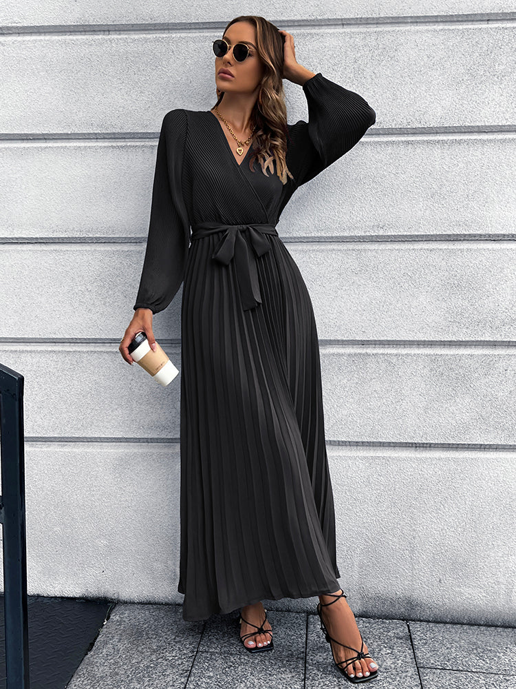 V-Neck Tie Waist Pleated Maxi Dress - Pahabu - Women's Clothing & Shop