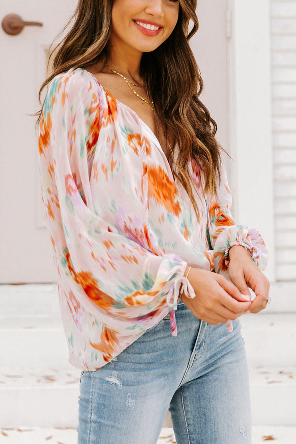 Printed Tie Neck Long Sleeve Blouse - Pahabu - Women's Clothing & Shop
