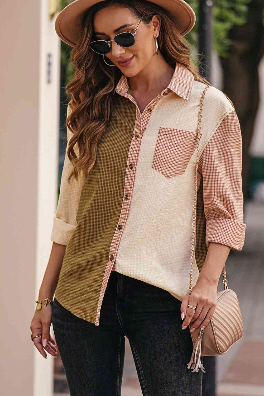 Grid Color Block Button-Up Shirt - Pahabu - Women's Clothing & Shop