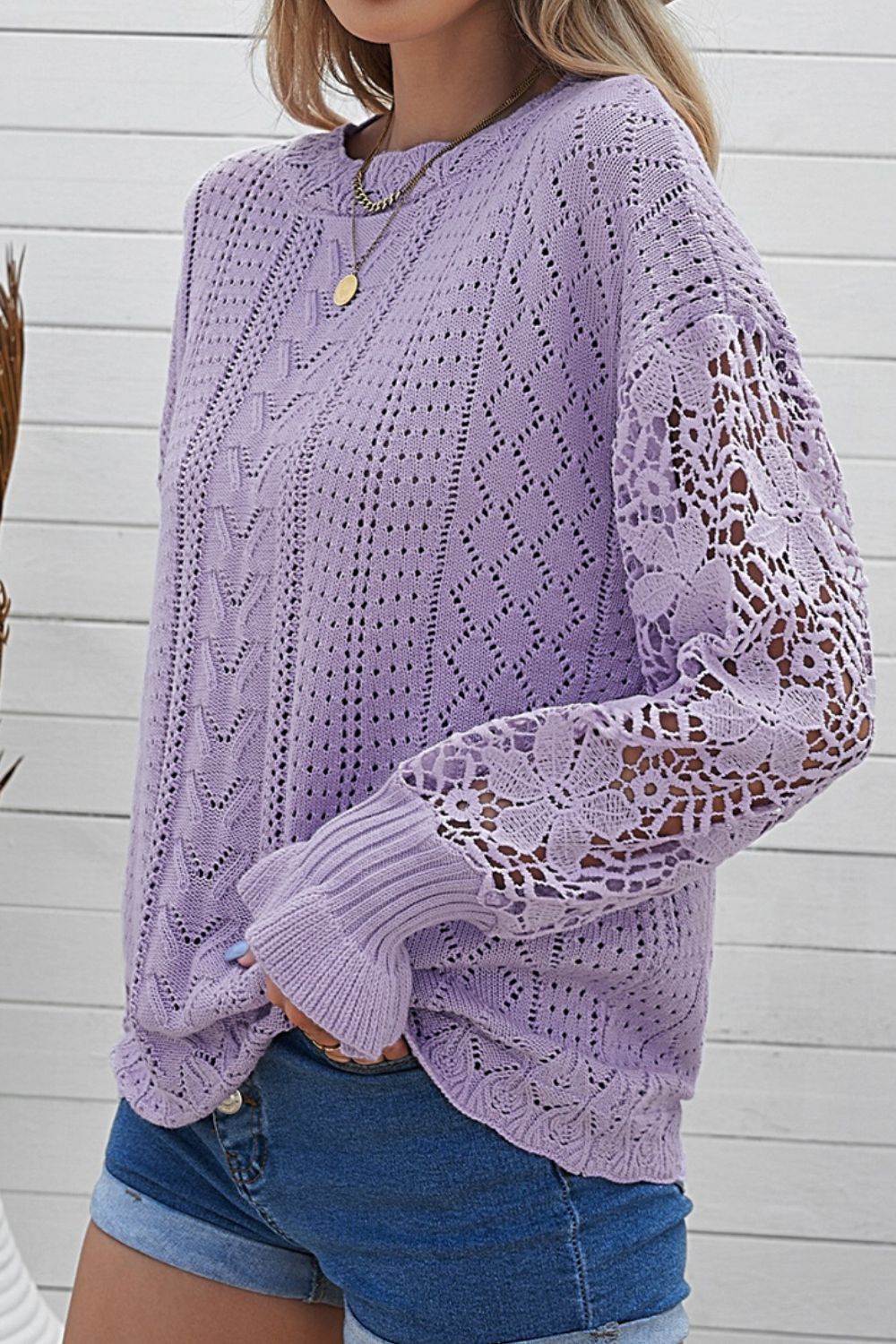 Openwork Round Neck Long Sleeve Sweater - Pahabu - Women's Clothing & Shop