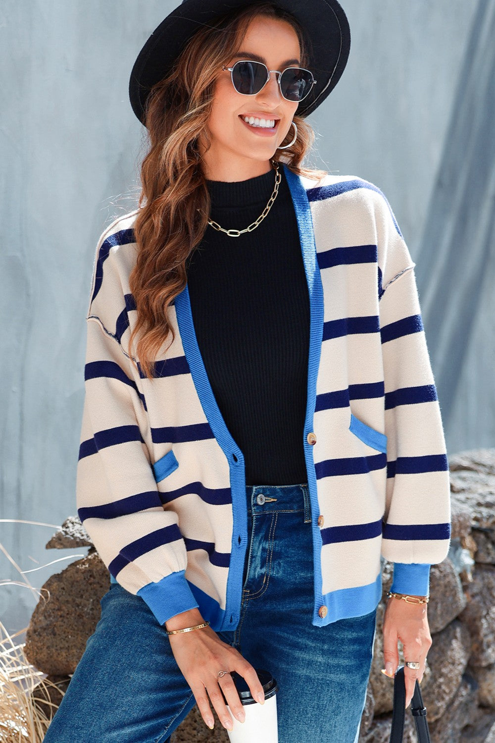 Striped Button Up Long Sleeve Cardigan - Pahabu - Women's Clothing & Shop