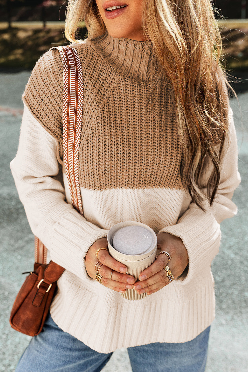 Color Block Slit Mock Neck Sweater - Pahabu - Women's Clothing & Shop