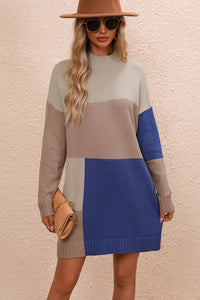 Color Block Mock Neck Dropped Shoulder Sweater Dress - Pahabu - Women's Clothing & Shop