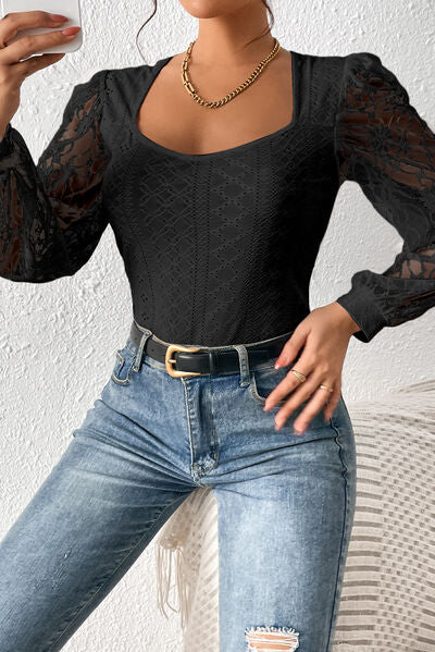 Eyelet Lace Long Sleeve Bodysuit - Pahabu - Women's Clothing & Shop