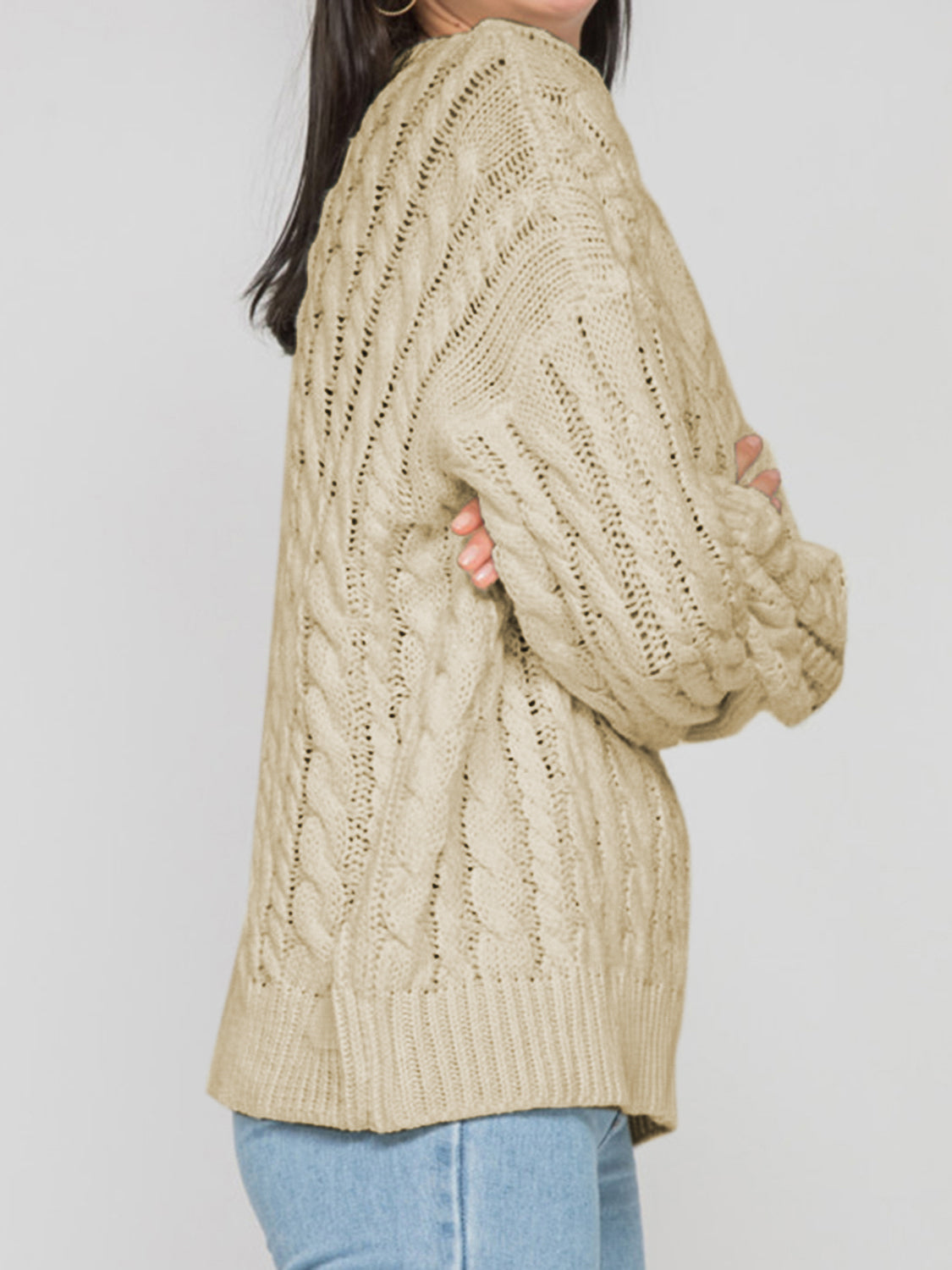 Openwork Round Sleeve Cable-Knit Sweater - Pahabu - Women's Clothing & Shop