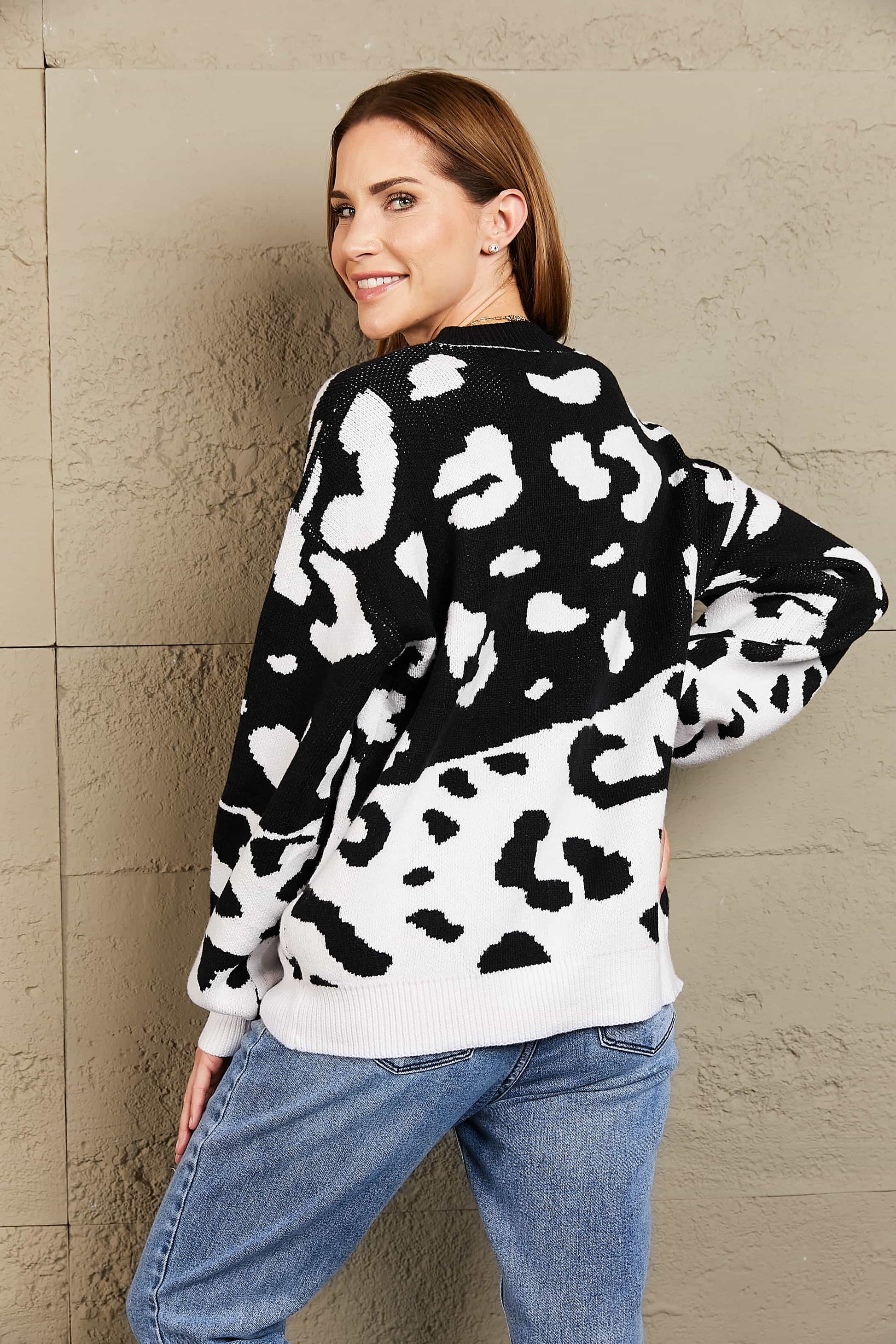 Woven Right Leopard Ribbed Trim Dropped Shoulder Sweater - Pahabu - Women's Clothing & Shop