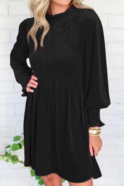 Smocked Round Neck Long Sleeve Dress - Pahabu - Women's Clothing & Shop