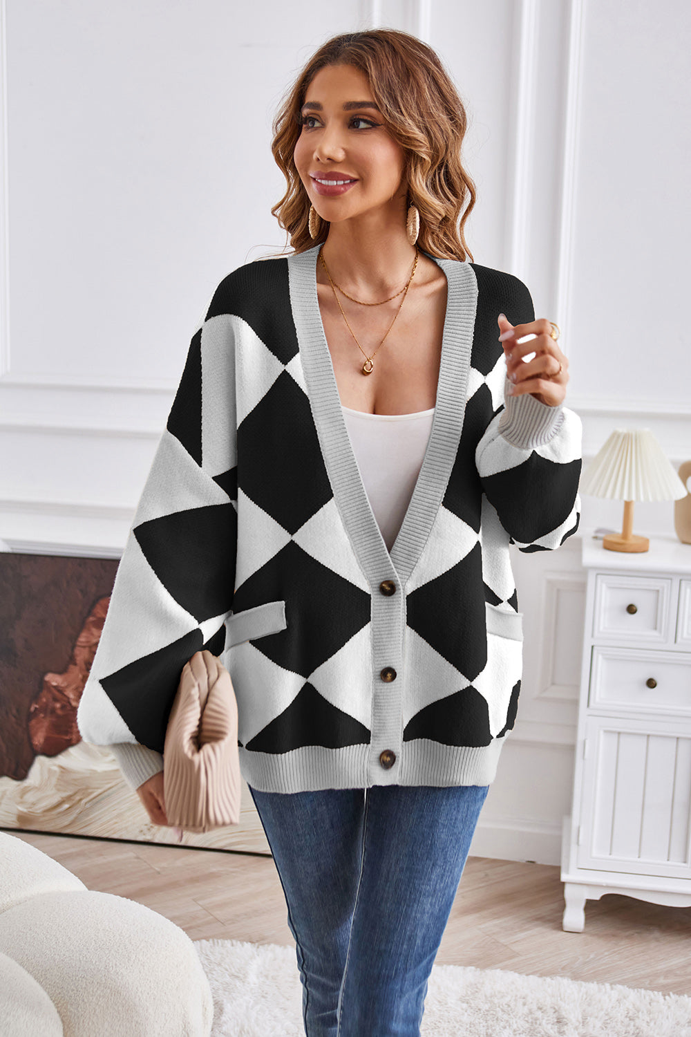 Geometric Lantern Sleeve Cardigan with Pockets - Pahabu - Women's Clothing & Shop