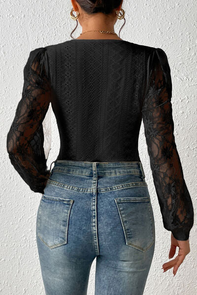 Eyelet Lace Long Sleeve Bodysuit - Pahabu - Women's Clothing & Shop