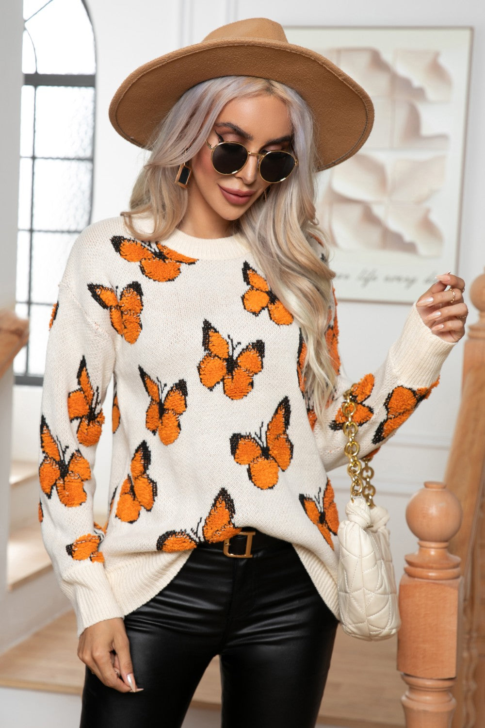 Butterfly Round Neck Long Sleeve Sweater - Pahabu - Women's Clothing & Shop