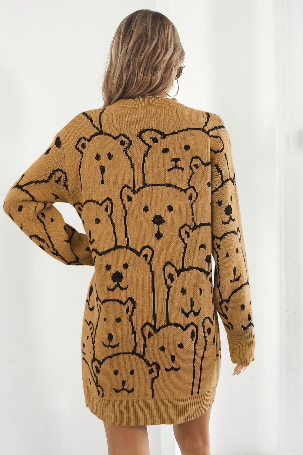 Bear Pattern Round Neck Sweater Dress - Pahabu - Women's Clothing & Shop