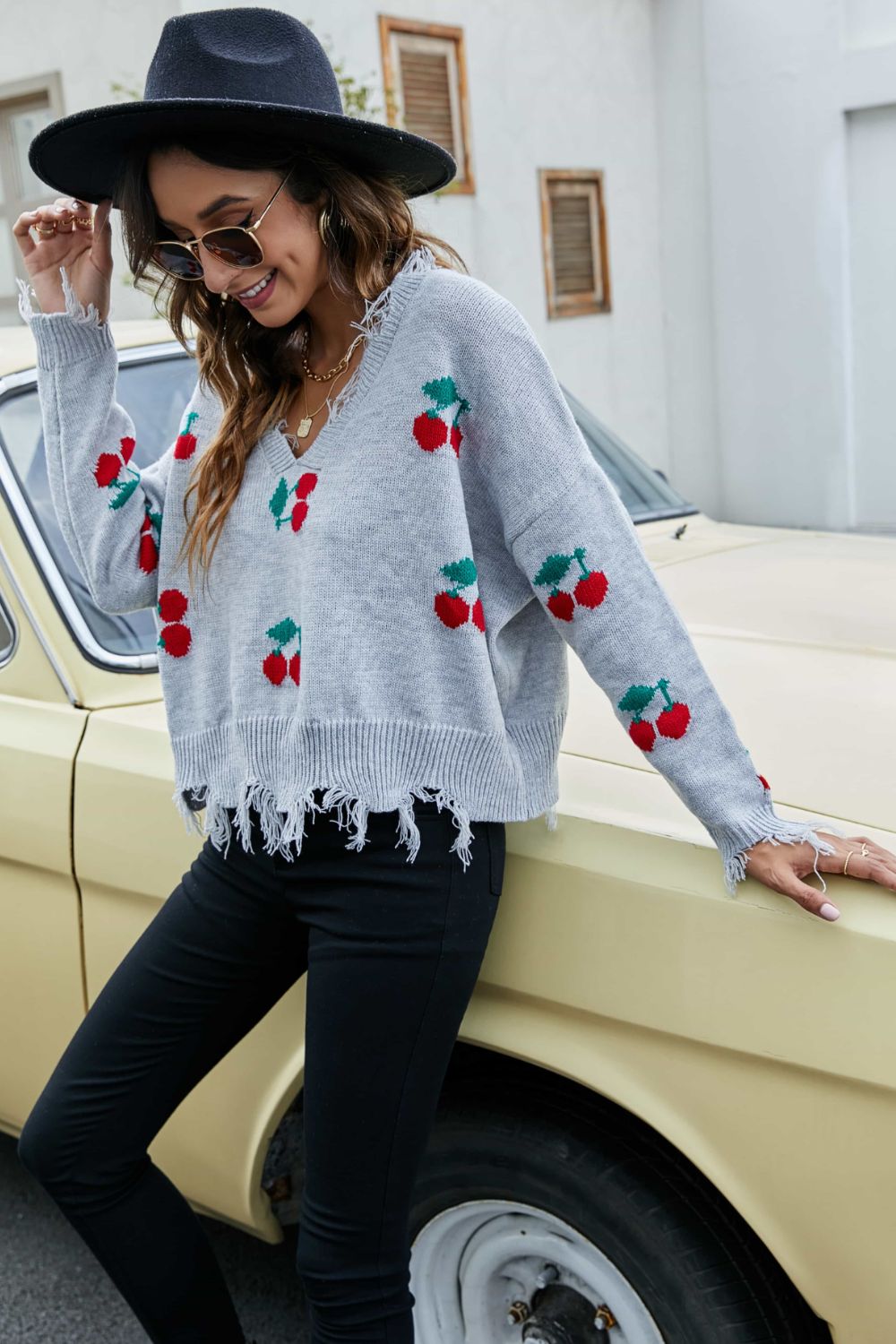 Cherry Pattern Frayed Trim V-Neck Sweater - Pahabu - Women's Clothing & Shop