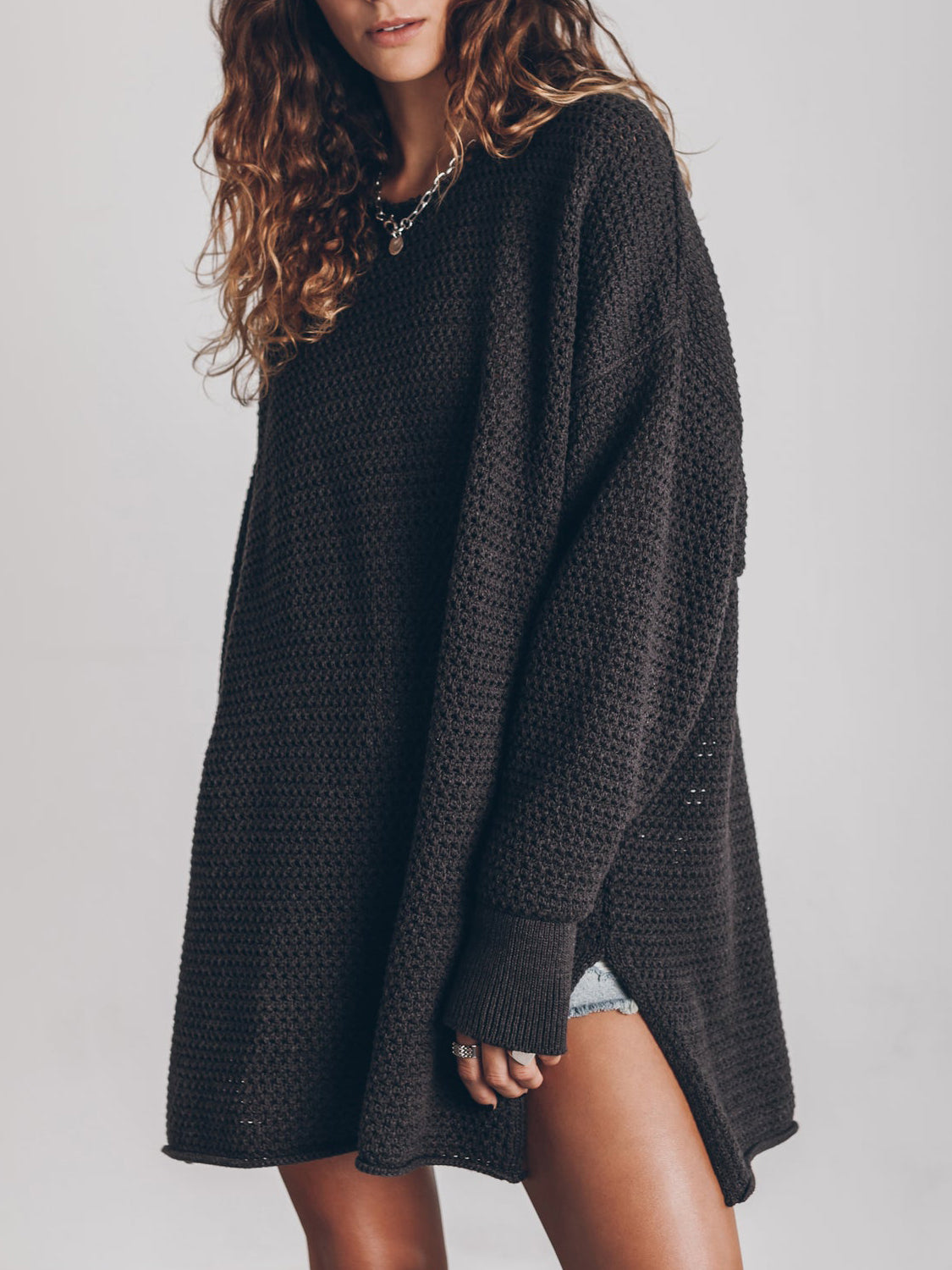 Openwork Round Neck Long Sleeve Slit Sweater - Pahabu - Women's Clothing & Shop