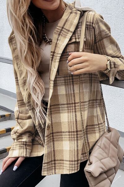 Plaid Button Up Long Sleeve Hooded Jacket - Pahabu - Women's Clothing & Shop