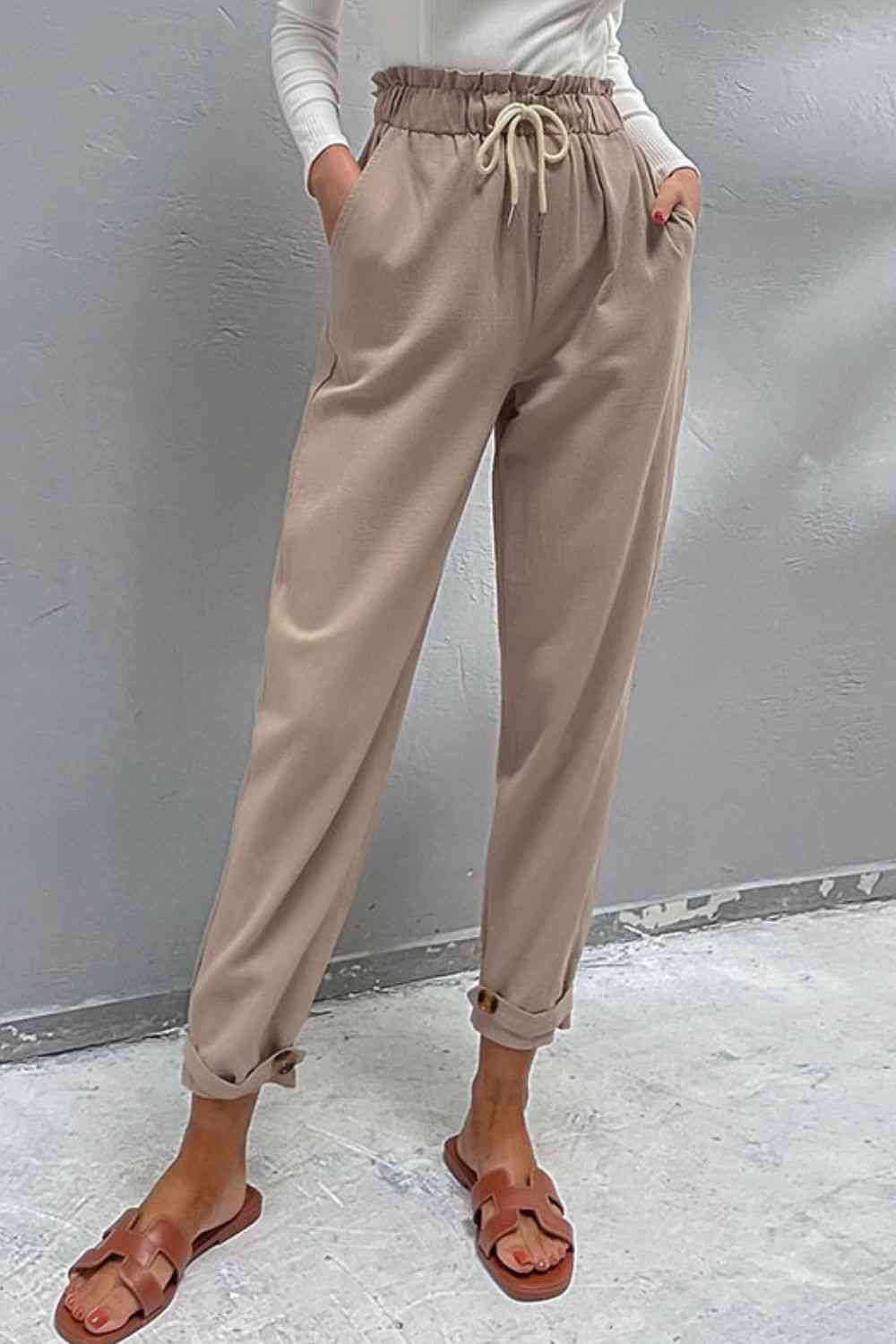 Perfee Drawstring Paperbag Waist Button Detail Pants - Pahabu - Women's Clothing & Shop