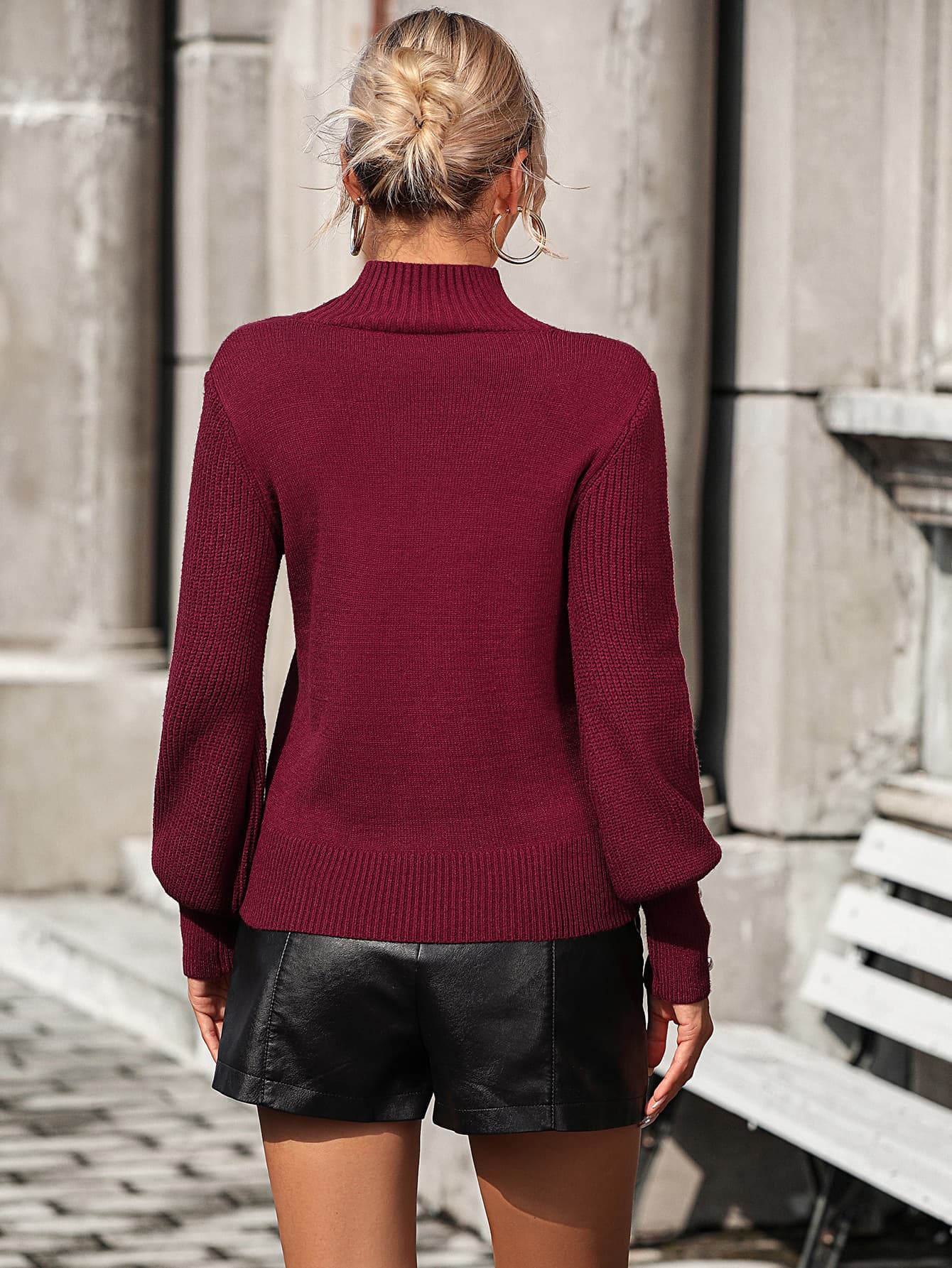 Mock Neck Ribbed Lantern Sleeve Pullover Sweater - Pahabu - Women's Clothing & Shop