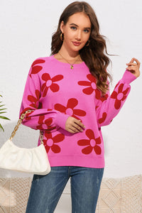 Floral Print Round Neck Dropped Shoulder Sweater - Pahabu - Women's Clothing & Shop